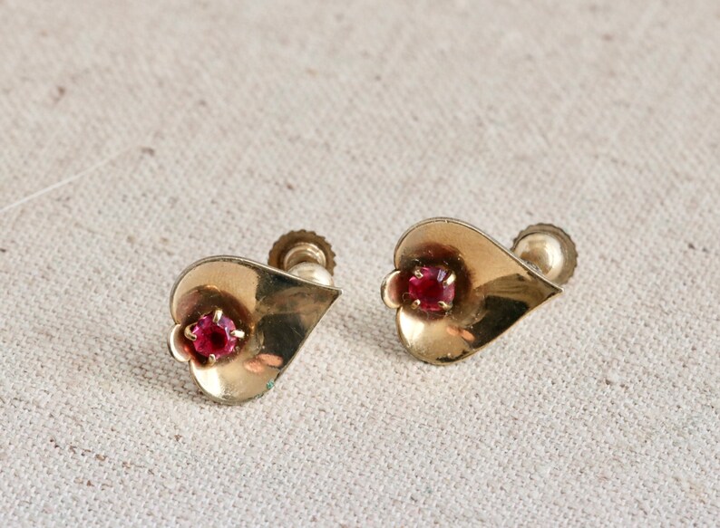 JMS Jewelry 12K GF Screw Back Gold Earrings with Pink Rhinestones Vintage Costume Estate Jewelry fruitsdesbois