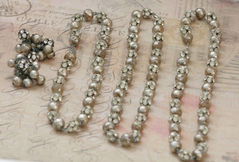 DECO Rhinestone Ball Triple Strand Necklace and Clip On Earring Set Vintage Estate Jewelry fruitsdesbois