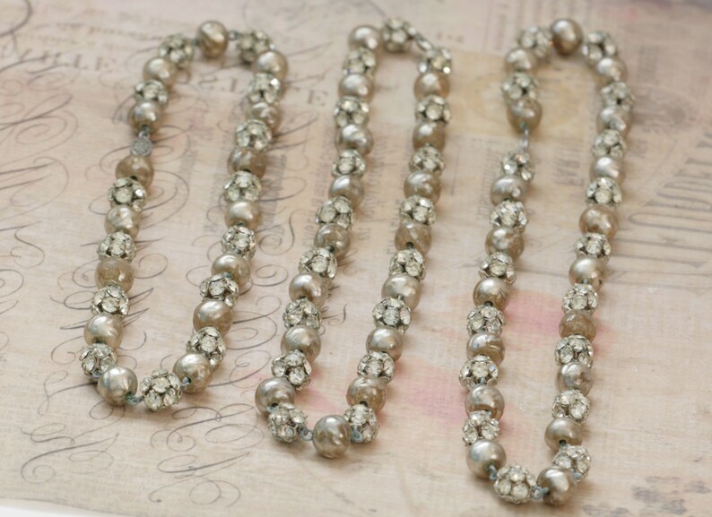 DECO Rhinestone Ball Triple Strand Necklace and Clip On Earring Set Vintage Estate Jewelry fruitsdesbois