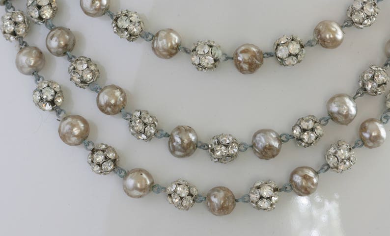 DECO Rhinestone Ball Triple Strand Necklace and Clip On Earring Set Vintage Estate Jewelry fruitsdesbois