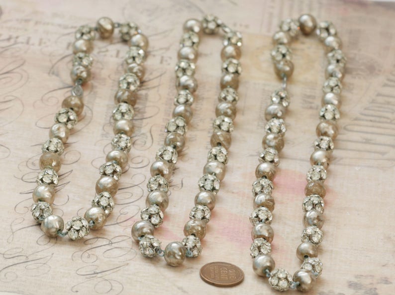 DECO Rhinestone Ball Triple Strand Necklace and Clip On Earring Set Vintage Estate Jewelry fruitsdesbois