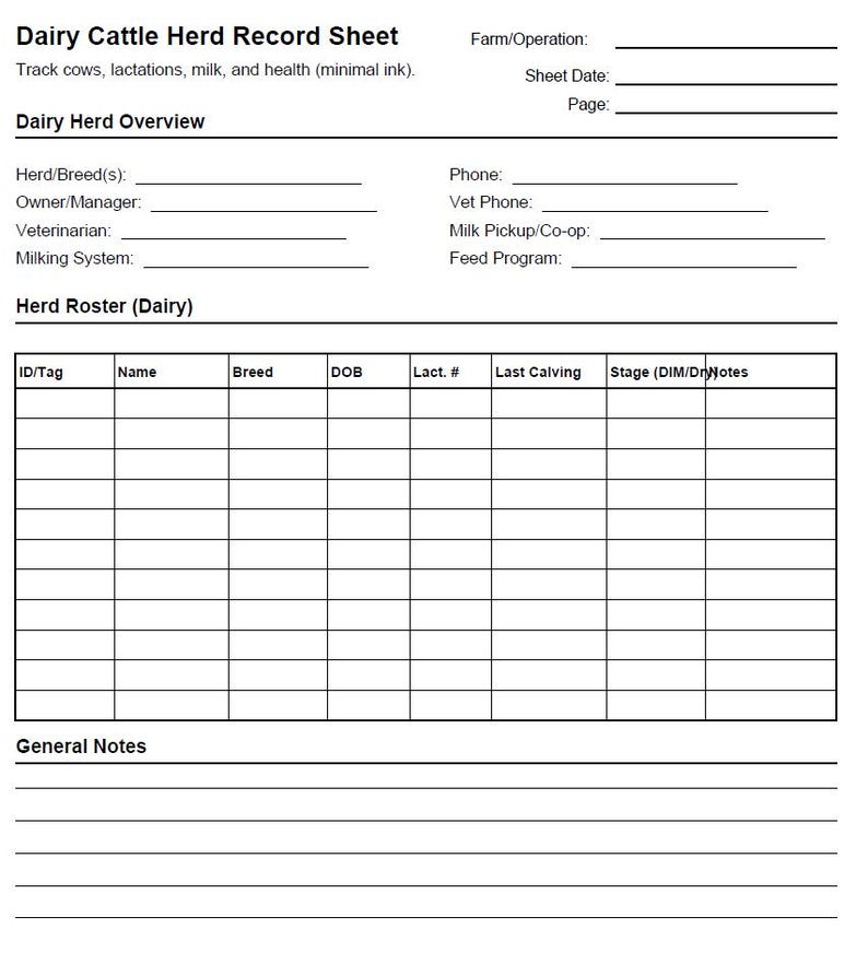 Milk Roster Cattle Herd Record Sheet Printable PDF | Beef & Dairy Livestock Tracker ...