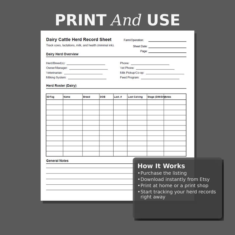 Milk Roster Cattle Herd Record Sheet Printable PDF | Beef & Dairy Livestock Tracker ...