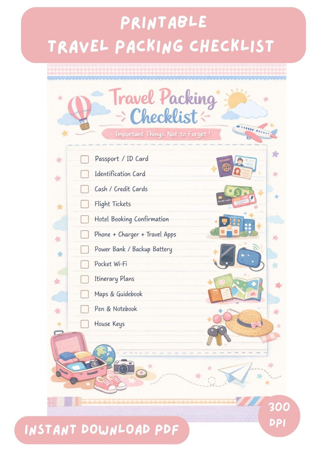 Travel Packing List Printable PDF Digital Checklist Vacation Planner ...