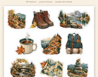 Printable Stickers - Hiking - Autumn | Vintage Storybook | Print at Home | Cricut Print Then Cut | Fall Planner Stickers