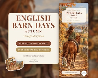 May include: A digital sticker book titled English Barn Days Autumn Vintage Storybook featuring 60 individual PNG stickers. The cover displays a person riding a brown horse on a path surrounded by autumn trees and foliage.