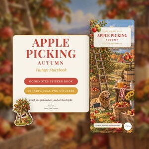 Pegatinas digitales - Recogida de manzanas - Otoño / Libro de cuentos vintage / Goodnotes / PNGs imagen 1