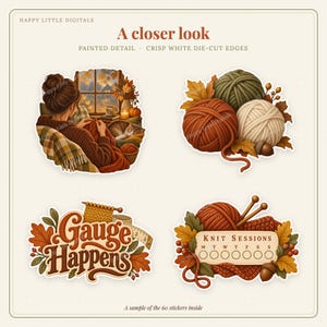 Digital Stickers - Knitting - Autumn | Vintage Storybook | Goodnotes | PNGs image 2