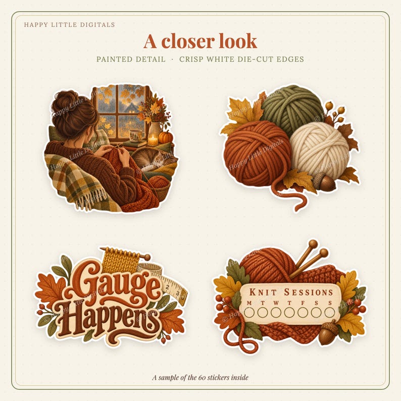 Digital Stickers - Knitting - Autumn | Vintage Storybook | Goodnotes | PNGs image 2