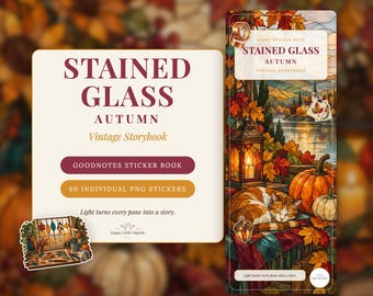 May include: A digital sticker book titled Stained Glass Autumn Vintage Storybook featuring 60 individual PNG stickers. The cover displays a stained glass illustration of a sleeping cat, pumpkins, and a lantern in an autumn landscape.