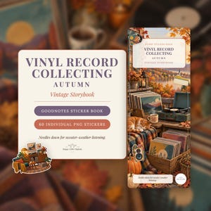May include: A digital sticker book titled Vinyl Record Collecting Autumn Vintage Storybook featuring 60 individual PNG stickers. The cover displays an autumn landscape with a record player, vinyl records, and a cat on a plaid blanket.