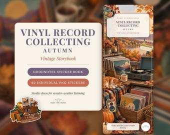 May include: A digital sticker book titled Vinyl Record Collecting Autumn Vintage Storybook featuring 60 individual PNG stickers. The cover displays an autumn landscape with a record player, vinyl records, and a cat on a plaid blanket.