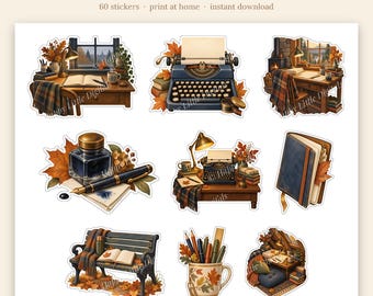 Printable Stickers - Writing - Autumn | Vintage Storybook | Print at Home | Cricut Print Then Cut | Fall Planner Stickers