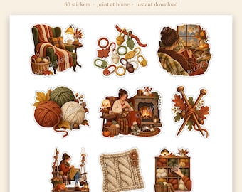 Printable Stickers - Knitting - Autumn | Vintage Storybook | Print at Home | Cricut Print Then Cut | Fall Planner Stickers
