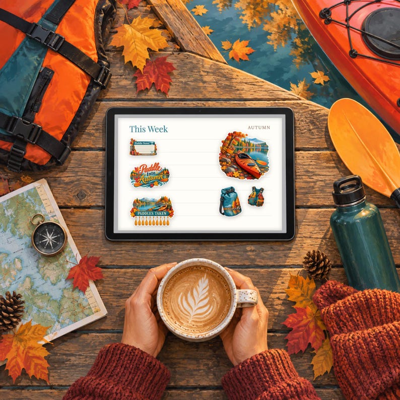 Digital Stickers - Kayaking - Autumn | Vintage Storybook | Goodnotes | PNGs image 3