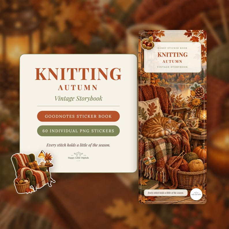 Digital Stickers - Knitting - Autumn | Vintage Storybook | Goodnotes | PNGs image 1