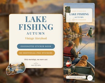 Puede incluir: Un libro de pegatinas digitales titulado Lake Fishing Autumn Vintage Storybook con 60 archivos PNG individuales. La portada muestra a una persona pescando desde un bote con un perro, rodeada de árboles otoñales y montañas.