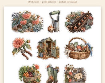 Printable Stickers - Gardening - Autumn | Vintage Storybook | Print at Home | Cricut Print Then Cut | Fall Planner Stickers