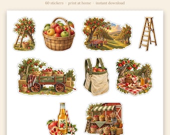 Printable Stickers - Apple Picking - Autumn | Vintage Storybook | Print at Home | Cricut Print Then Cut | Fall Planner Stickers
