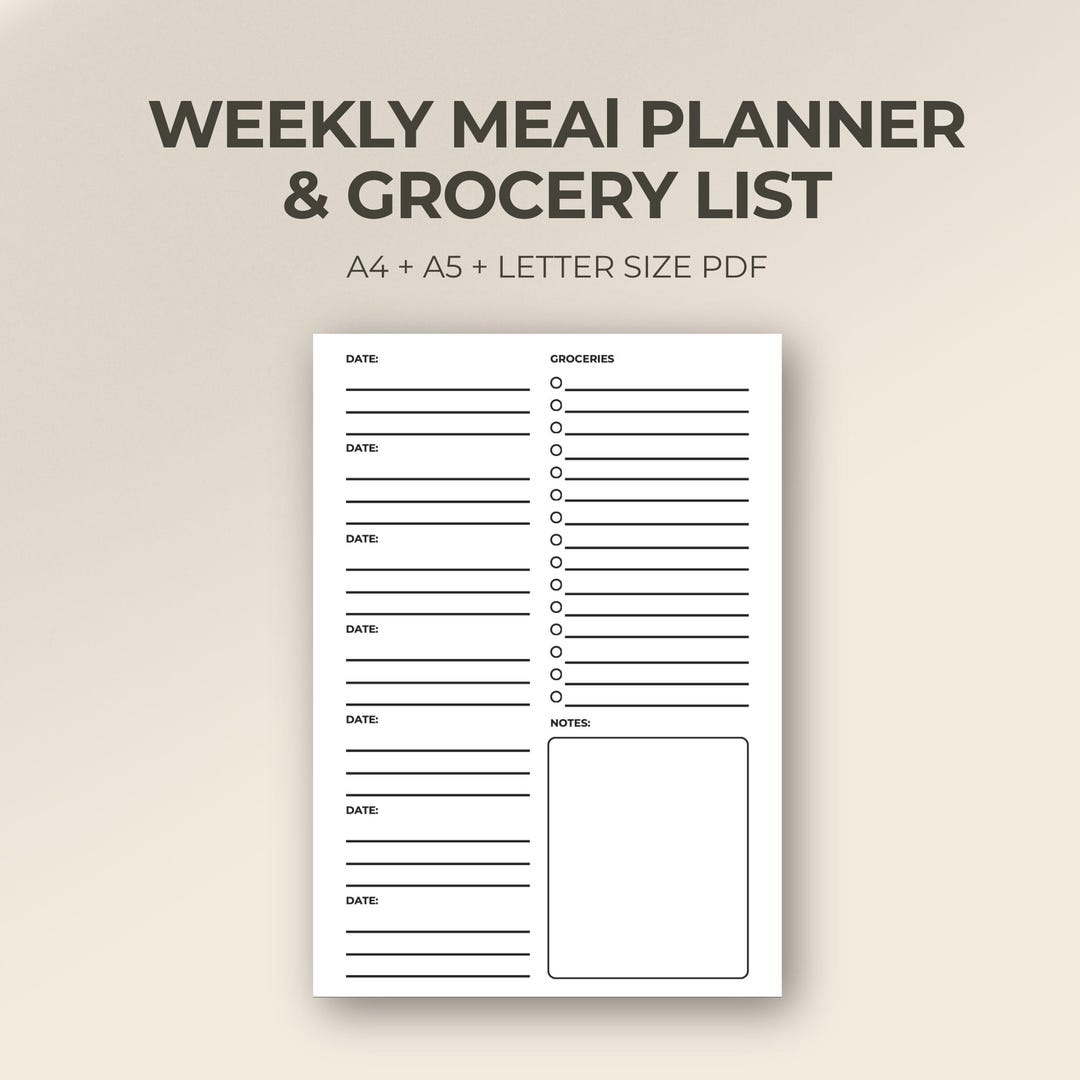 Weekly Meal Planner Grocery List, Minimalist Food Organizer (a4/a5 ...