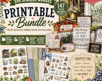 Summer Market Printable Craft Bundle | 147 Files, Vintage Strawberry, Blueberry Decor, Farmhouse Craft Kit, Digital Papers, Ephemera & PNGs