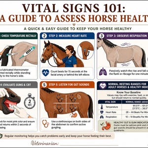 Può includere: Infografica educativa "SEGNI VITALI 101: UNA GUIDA PER VALUTARE LA SALUTE DEL CAVALLO". Dettaglia come controllare la temperatura, la frequenza cardiaca, la respirazione, le gengive e i suoni intestinali di un cavallo. Include intervalli normali.