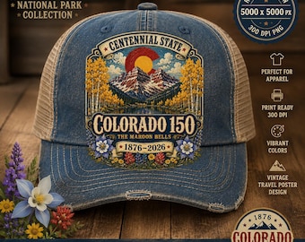 Colorado 150 Maroon Bells PNG, Centennial State 1876-2026, Vintage National Park Graphic, Centennial State Anniversary, Commercial Use File