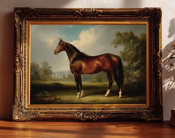 Vintage Equestrian Portrait of Beautiful Bay Horse, Elegant Wall Art, Printable Classic Horse Painting, Country Landscape Decor Download