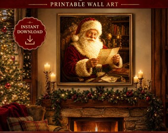 Santa Reading a Child's Letter Printable Art, Vintage Christmas Decor, Traditional Santa Portrait, Farmhouse Christmas Print, Holiday Art