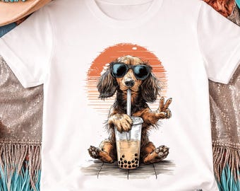 Funny Dachshund Drinking Boba Tea Png | Retro Prehistoric Png | Gift For Dachshund Lover | Funny Dog Coffee Png | Dachshund Meme Design