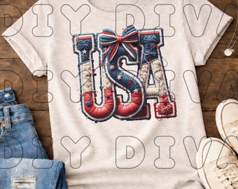 USA Yarn PNG | Embroidered Patriotic png | Coquette Bow USA Design | Textured Crochet Style | 4th of July Sublimation | High Quality png