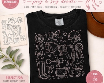 Equestrian Coquette PNG SVG Bundle, Horse Girl, Bow Doodle Clipart, Good Pony Club Shirt Design, English Riding Horse Sublimation PNG