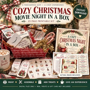Puede incluir: Un kit imprimible de 25 páginas para una noche de cine navideño con una caja llena de dulces, bastones de caramelo y cacao. Incluye tarjetas de bingo, etiquetas de regalo y carteles con texto como 'Cozy Christmas Movie Night in a Box'.