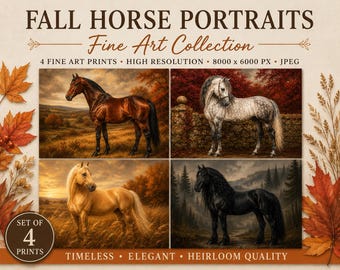 Conjunto de 4 láminas de arte de caballos para otoño, láminas imprimibles de caballos, decoración ecuestre, paquete de pinturas de caballos de otoño, obras de arte de caballos vintage, descarga digital.
