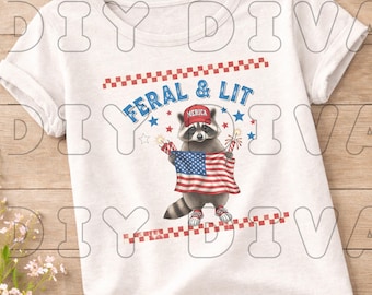 Feral and Lit PNG | Funny Patriotic Raccoon PNG | 4th of July Raccoon | Fireworks Raccoon Sublimation | Red White Blue PNG | Feral Girl