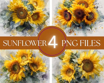 Watercolor Sunflower Clipart, Farmhouse Style, PNG Bundle (Digital Download)