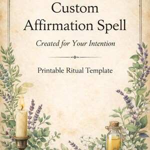 Op de afbeelding: Een afdrukbare grimoire-pagina met de tekst "Custom Affirmation Spell" en "Created for Your Intention". Het ontwerp bevat bloemelementen, een brandende kaars en een kleine fles met een kurk, alles tegen een achtergrond in perkamentstijl.