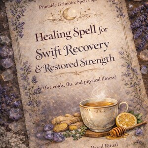 Op de afbeelding: Een afdrukbare grimoire-spreukpagina in vintage-stijl met de tekst "Healing Spell for Swift Recovery & Restored Strength". De afbeelding toont een theekopje, gember, citroen en honing, wat wijst op een genezende thema.