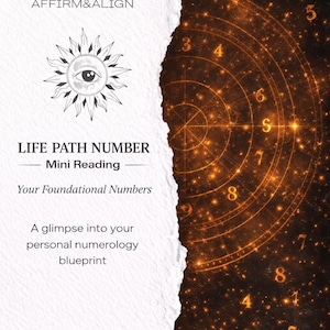 Op de afbeelding: Digitale illustratie met een witte gescheurde papieren rand en een gloeiende oranje achtergrond. Tekst bevat "AFFIRM&ALIGN", "LIFE PATH NUMBER - Mini Reading" en "Your Foundational Numbers". Een zon met een oog is ook aanwezig.