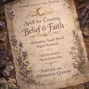 Op de afbeelding: Een afdrukbare grimoire-pagina in vintage-stijl met de tekst "Spell for Creating Belief & Faith". Het ontwerp bevat bloem- en hemelse elementen, met een brandende kaars en een pen op de achtergrond. De pagina is omgeven door gedroogde bloemen en kristallen.