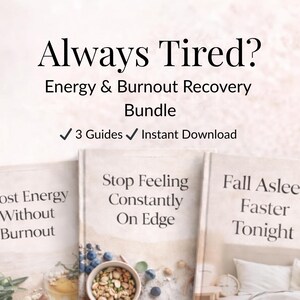 以下が含まれることがあります： 「Always Tired?」と「Energy & Burnout Recovery Bundle」のテキストが入った、エネルギーと燃え尽き症候群回復バンドルの画像。バンドルには、すぐにダウンロードできる3つのガイドが含まれています。ガイドのタイトルは「Boost Energy Without Burnout」、「Stop Feeling Constantly On Edge」、「Fall Asleep Faster Tonight」です。