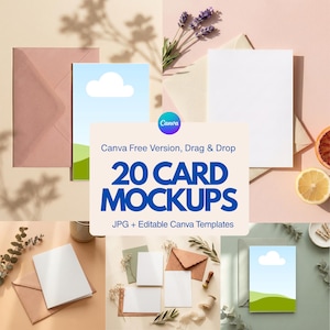 Könnte beinhalten: Eine Sammlung von 20 Karten-Mockups mit leeren weißen Karten, Umschlägen in verschiedenen Farben und Landschaftsillustrationen mit Wolken und grünen Hügeln. Der Text lautet Canva Free Version, Drag & Drop, 20 CARD MOCKUPS, JPG + Editable Canva Templates.