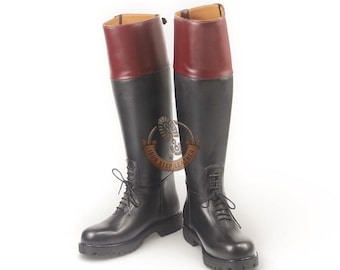 Handmade Two Tone Leather Officer Boots: Burgundy Black Knee-High Lace-Up Riding Style