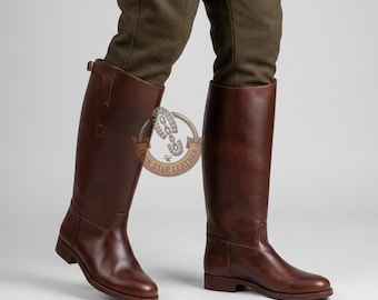 Handmade Brown Leather Officer Riding Boots: Knee-High Equestrian Heritage Footwear