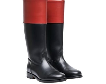 Handmade Black Leather Riding Boots, Red Cuff, Colonial Military Officer Style