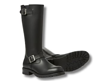 Handmade Black Leather Engineer Boots – Men's Motorcycle Riding Buckle Boots