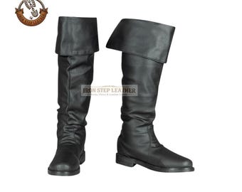 Handmade Black Leather Pirate Boots, Tall Fold Over Cuff, Cosplay LARP Footwear