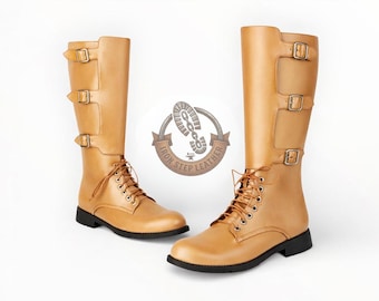 Handmade Leather Knight Boots, Knee-High Medieval Footwear, Triple Buckle Lace-Up Cosplay