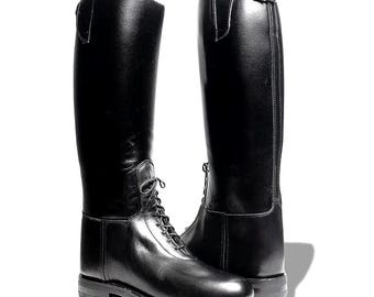 Men's Black Leather Officer Riding Boots | Handmade Military Cosplay Footwear