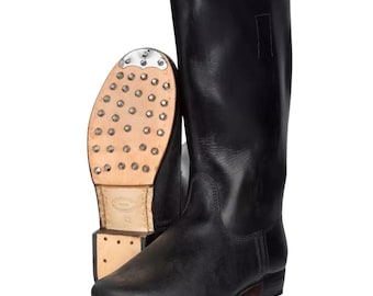 Black Leather Tall Marching Boots, WWI Era Hobnail Sole, Historical Reenactment Footwear
